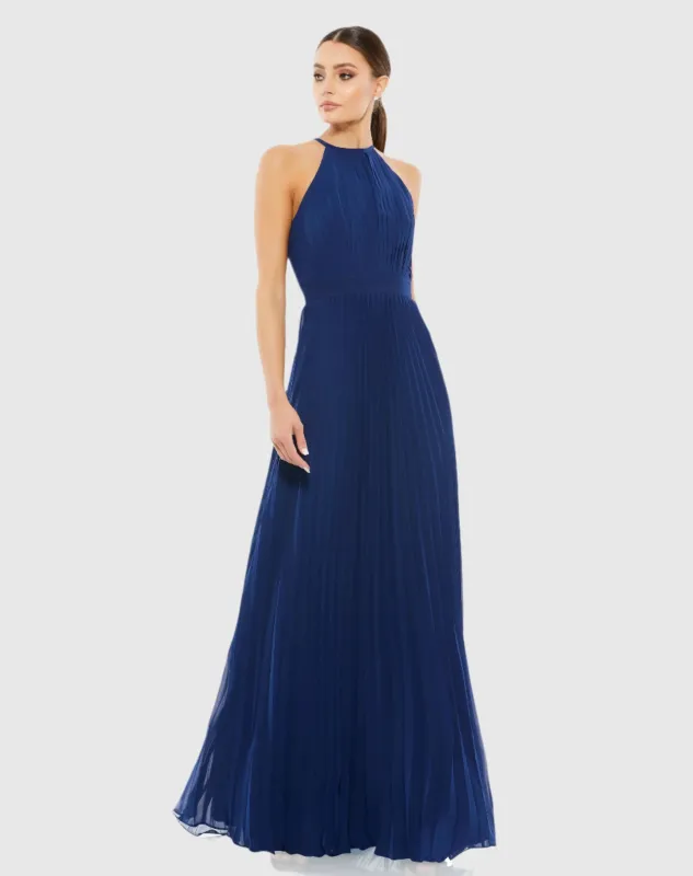 Navy Pleated Halter Neck Flowy Gown sold by Mac Duggal