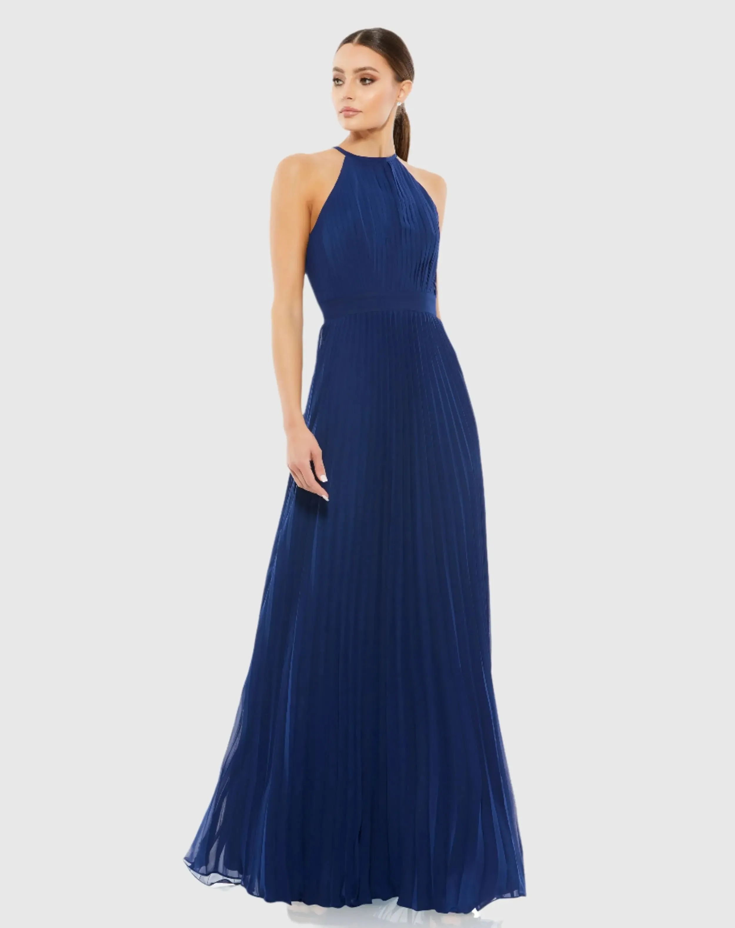 Navy Pleated Halter Neck Flowy Gown sold by Mac Duggal