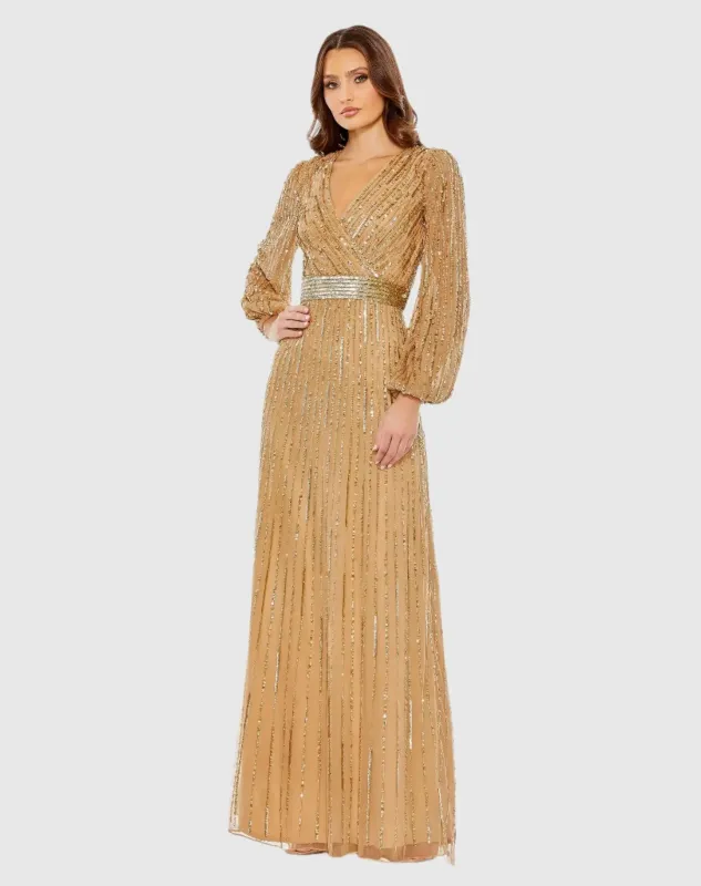 Wrap Over Puff Sleeve Embellished Gown sold by Mac Duggal