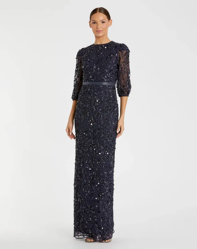 Navy Elbow Sleeve Embellished Gown sold by Mac Duggal