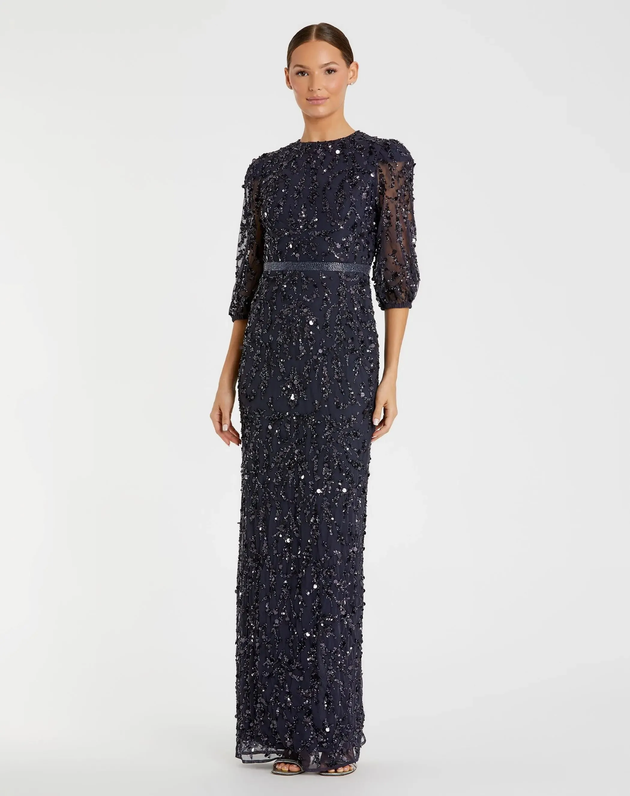Navy Elbow Sleeve Embellished Gown sold by Mac Duggal