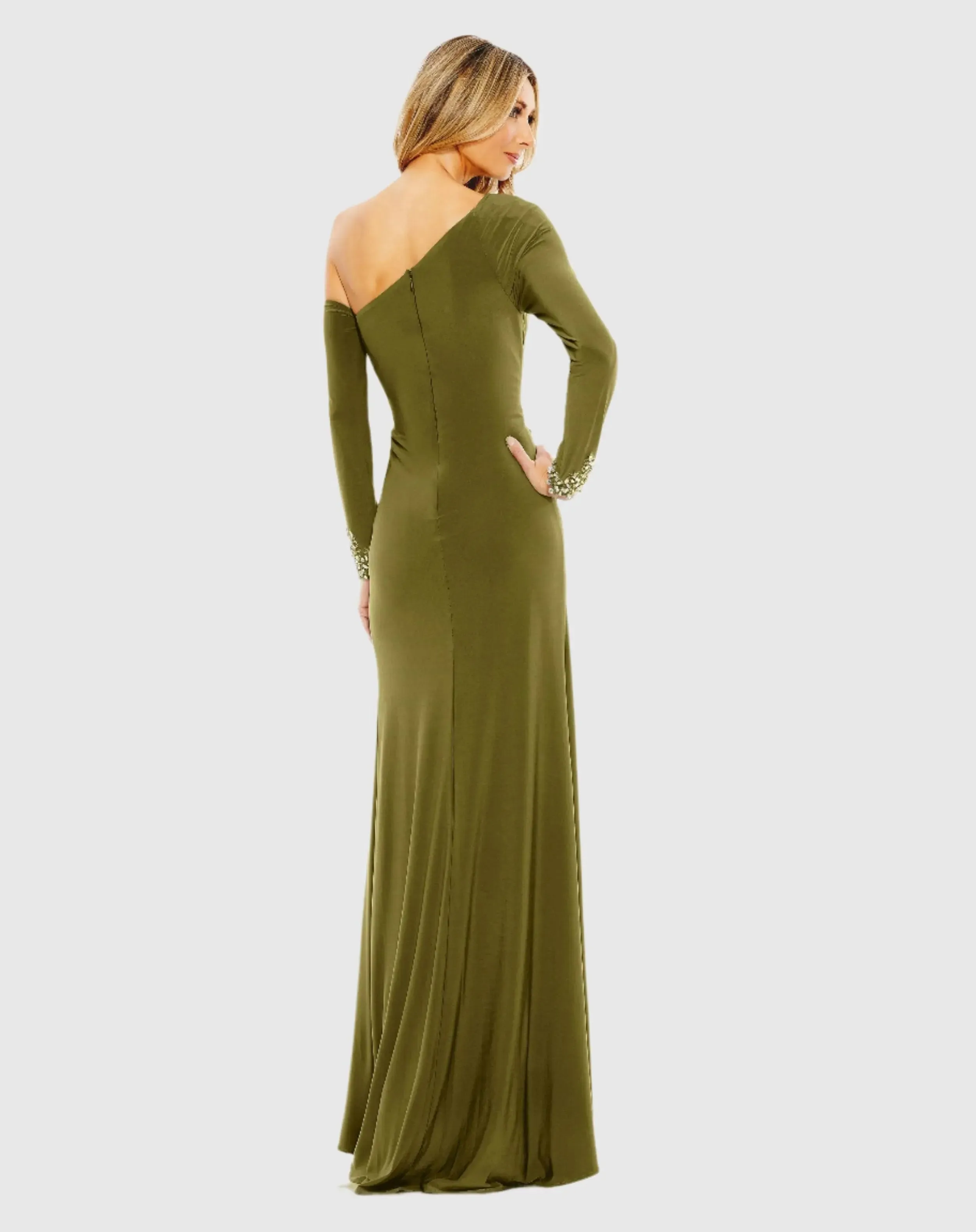 Green Side Twist Drop Shoulder Beaded Cuff Gown sold by Mac Duggal product image thumbnail 3