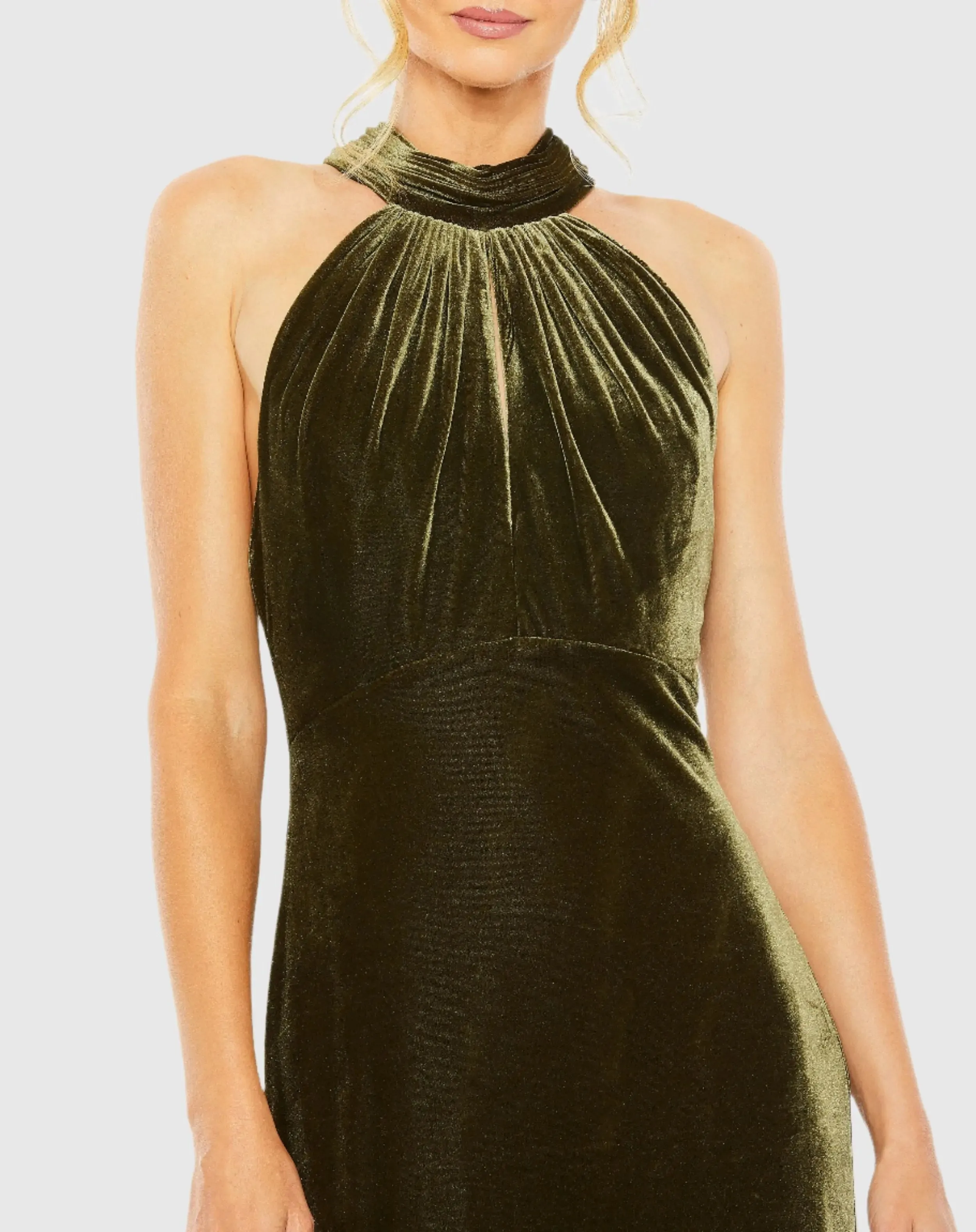 Green Halter Tie Front Slit Velvet Column Gown sold by Mac Duggal product image thumbnail 2