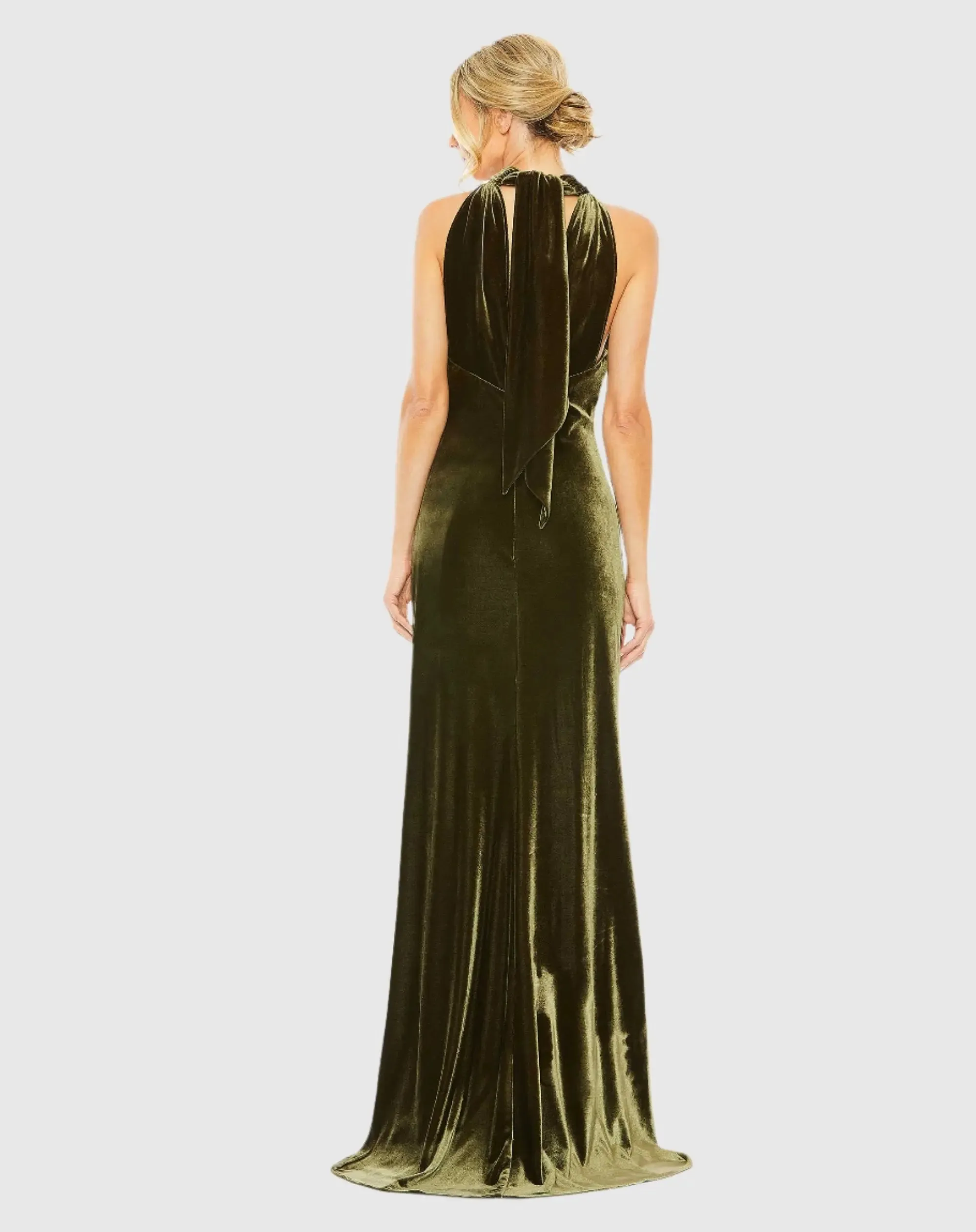 Green Halter Tie Front Slit Velvet Column Gown sold by Mac Duggal product image thumbnail 3