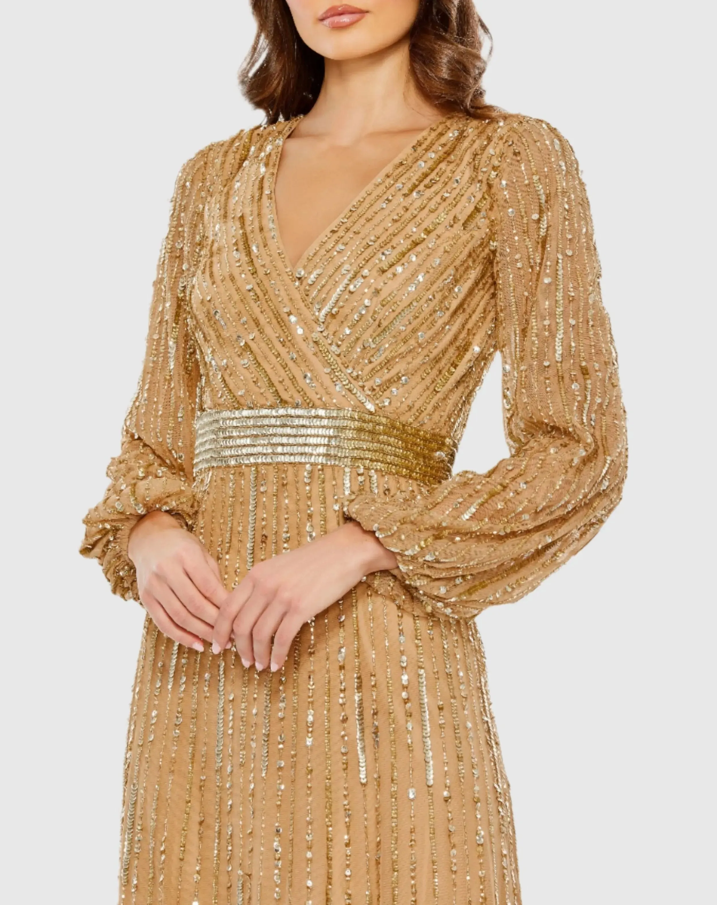 Gold Wrap Over Puff Sleeve Embellished Gown sold by Mac Duggal product image thumbnail 2