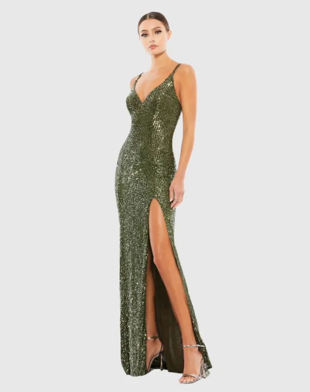 Dark Green Fully Sequined Scoop Back Gown sold by Mac Duggal