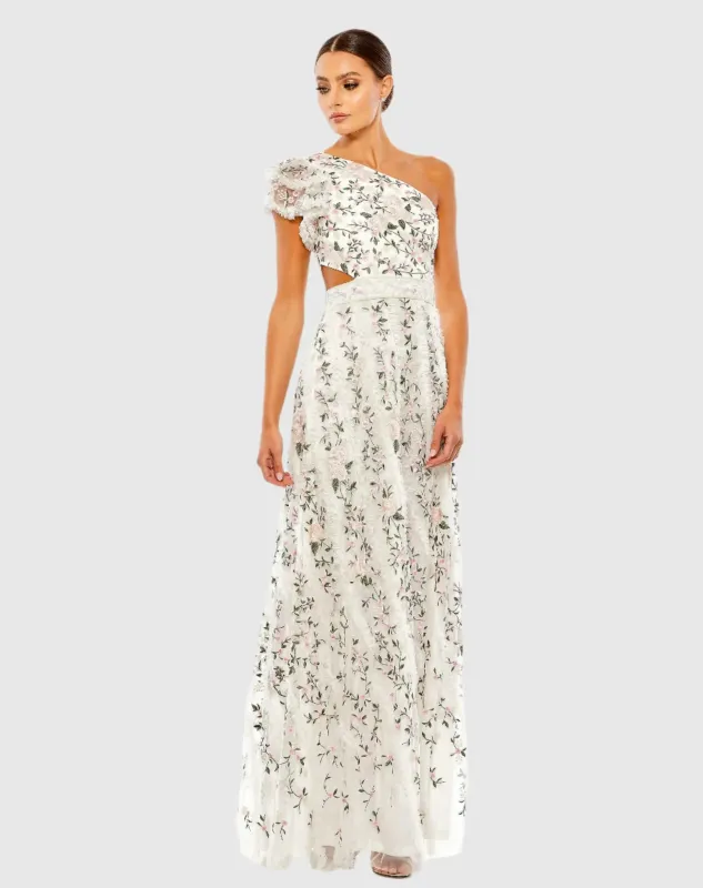 White Multicolor Embroidered Ruffled One Shoulder Lace Up Gown sold by Mac Duggal
