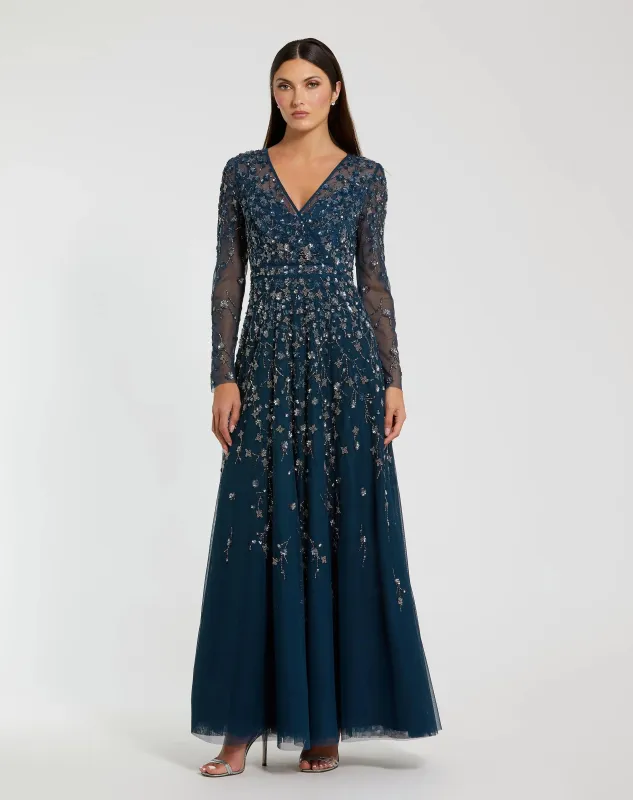 Navy Embellished Wrap Over Illusion Long Sleeve A Line Gown sold by Mac Duggal