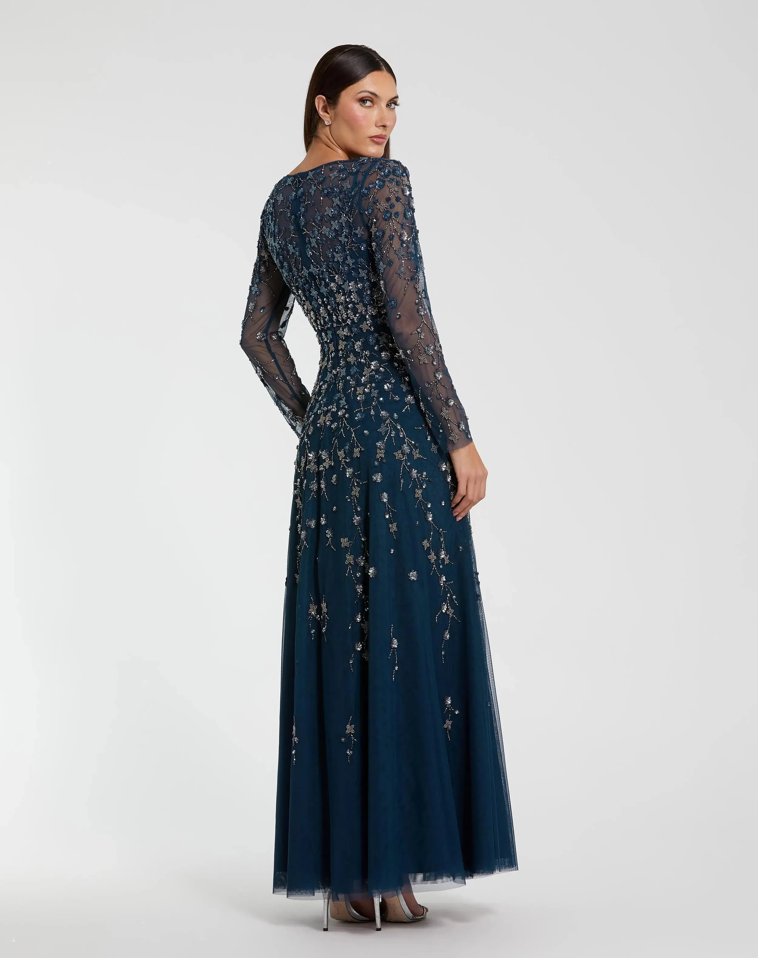 Navy Embellished Wrap Over Illusion Long Sleeve A Line Gown sold by Mac Duggal product image thumbnail 2