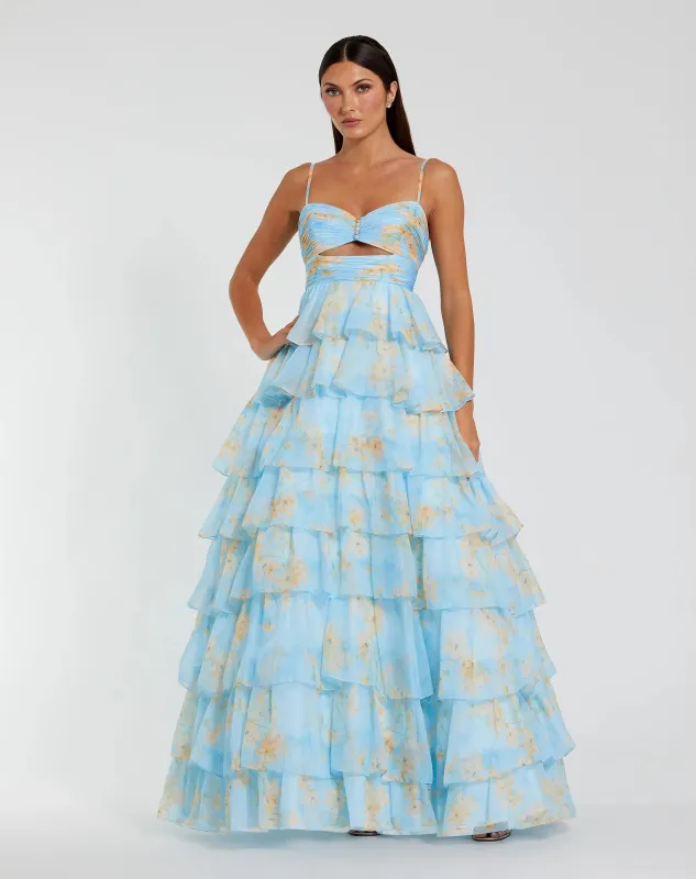 Floral Cut Out Tiered Ruffle Gown sold by Mac Duggal