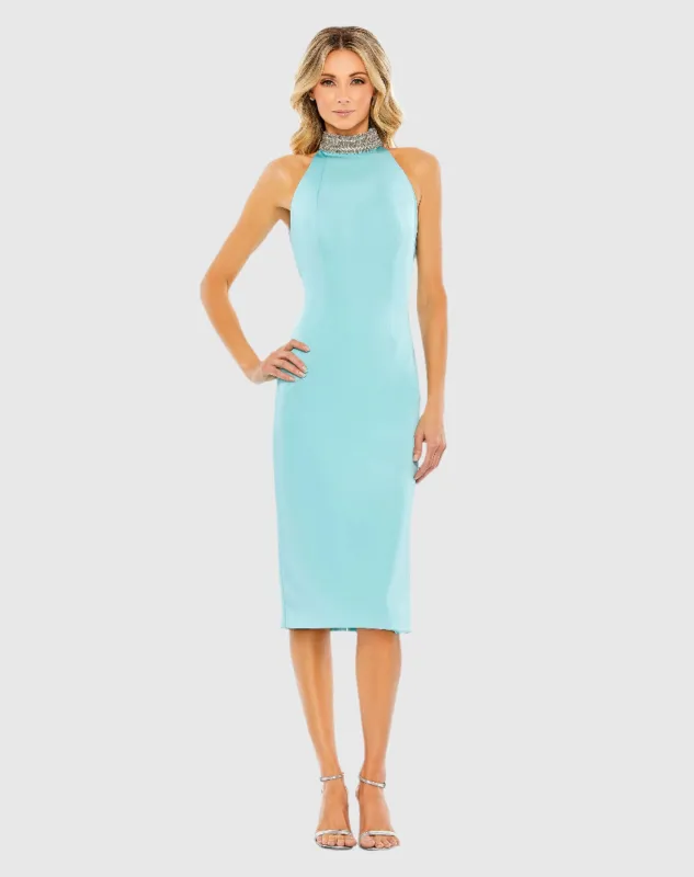 Blue Open Back Jeweled Halter Midi Dress sold by Mac Duggal