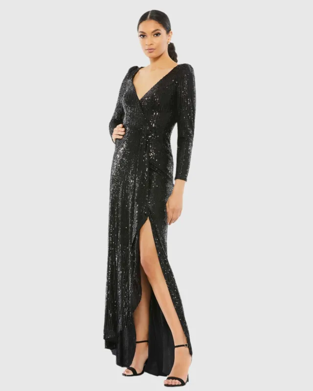 Black Faux Wrap Long Sleeve Sequin Gown - FINAL SALE sold by Mac Duggal