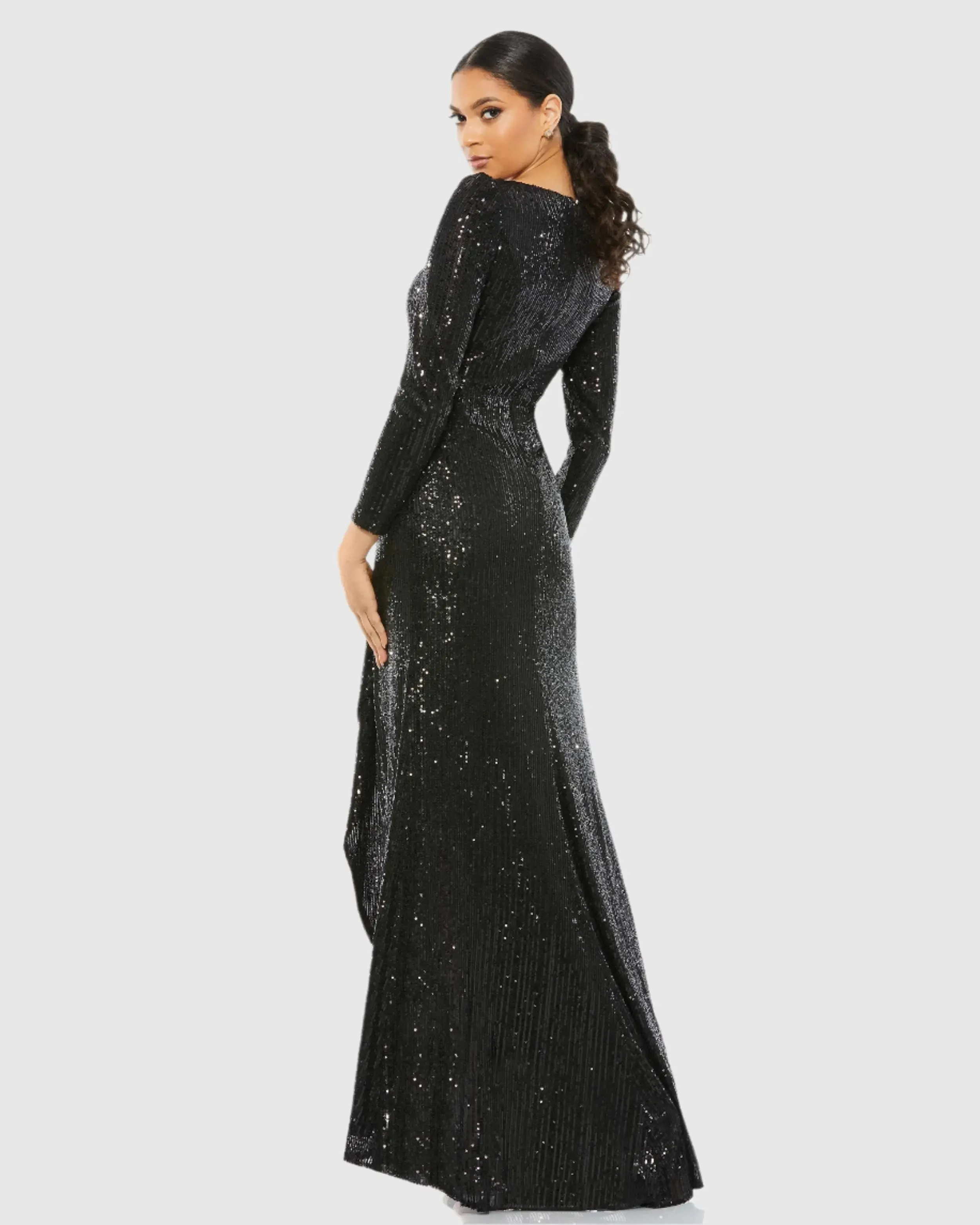 Black Faux Wrap Long Sleeve Sequin Gown - FINAL SALE sold by Mac Duggal product image thumbnail 3