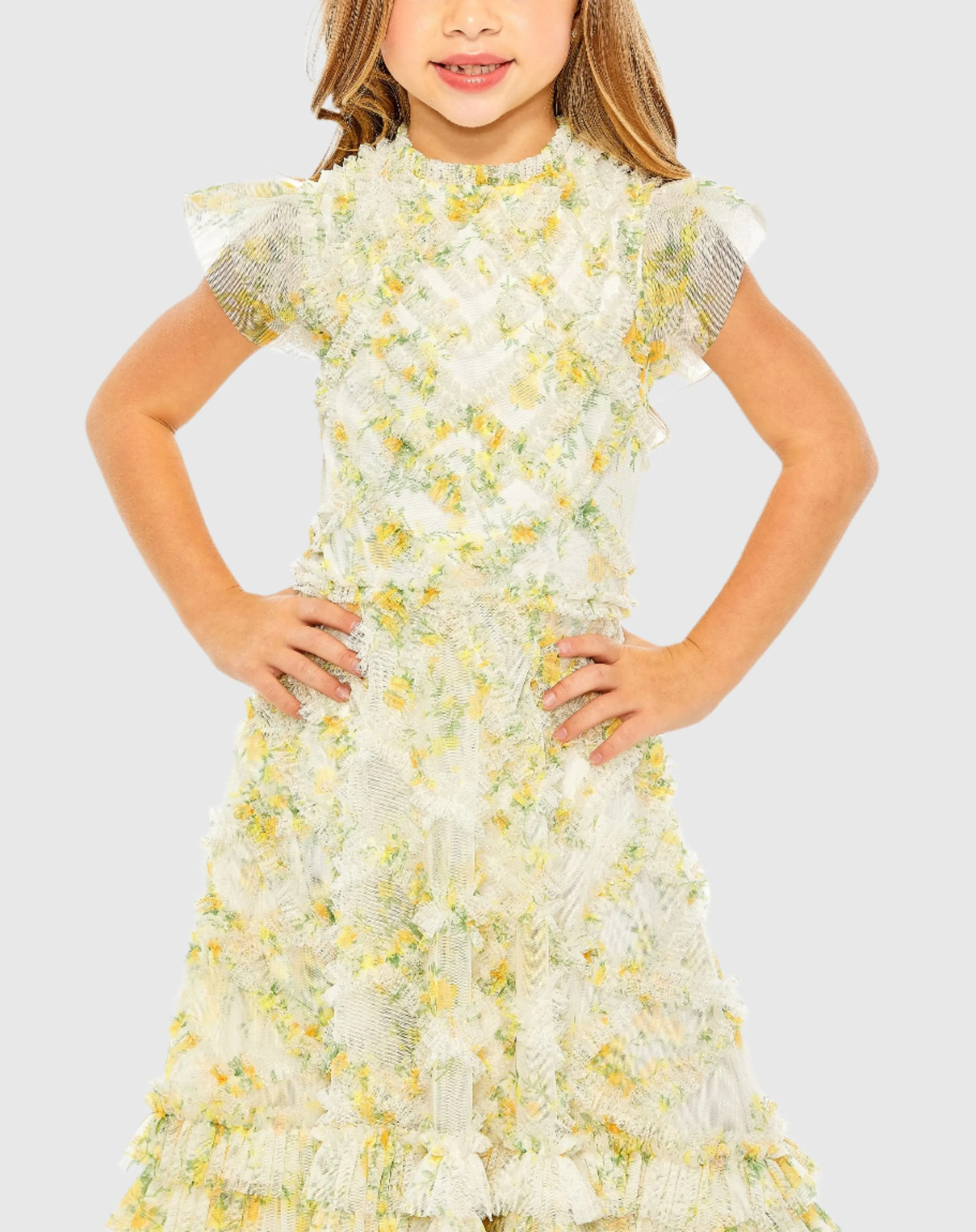 Yellow Girls High Neck Ruffle Tiered Mini Dress sold by Mac Duggal product image thumbnail 2
