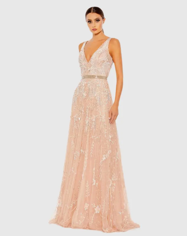 Sleeveless V-Neck Embellished Tulle Gown sold by Mac Duggal