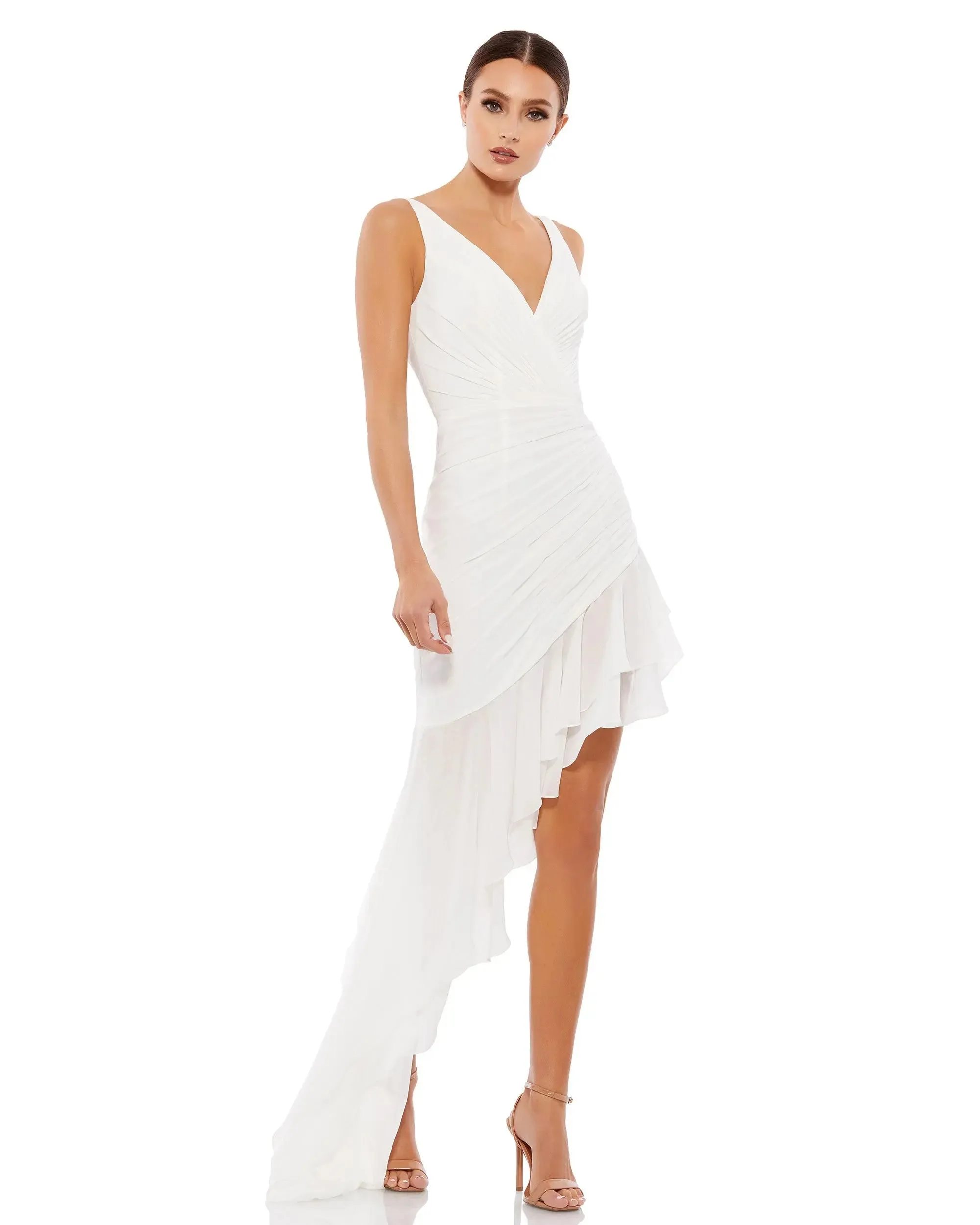 White Asymmetrical Ruffled V-Neck Chiffon Dress sold by Mac Duggal
