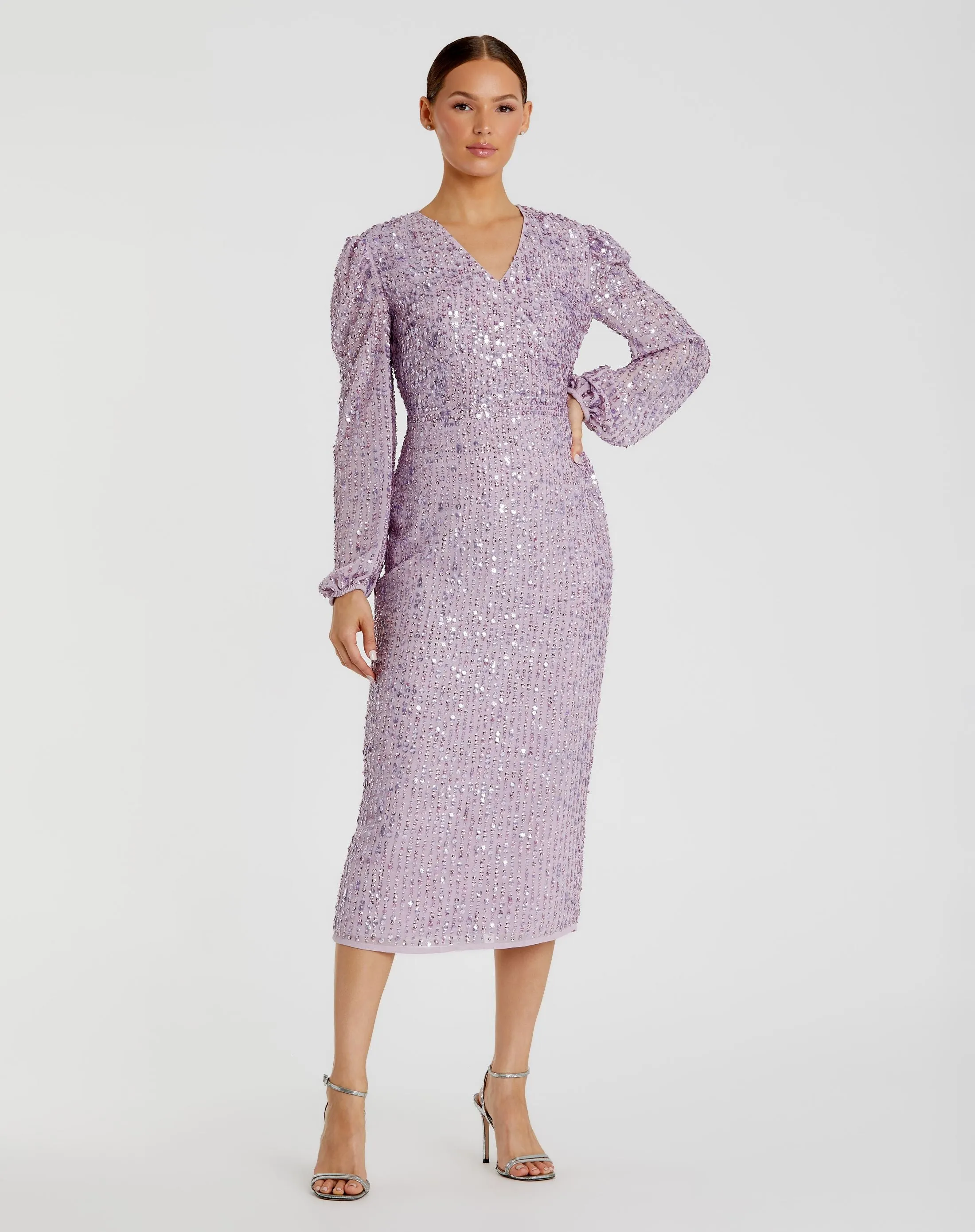 Sequined Illusion Puff Sleeve V Neck Midi Dress sold by Mac Duggal