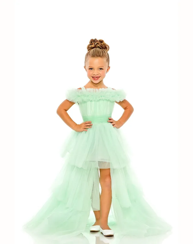 Green Girls Off the Shoulder High Low Tulle Dress sold by Mac Duggal
