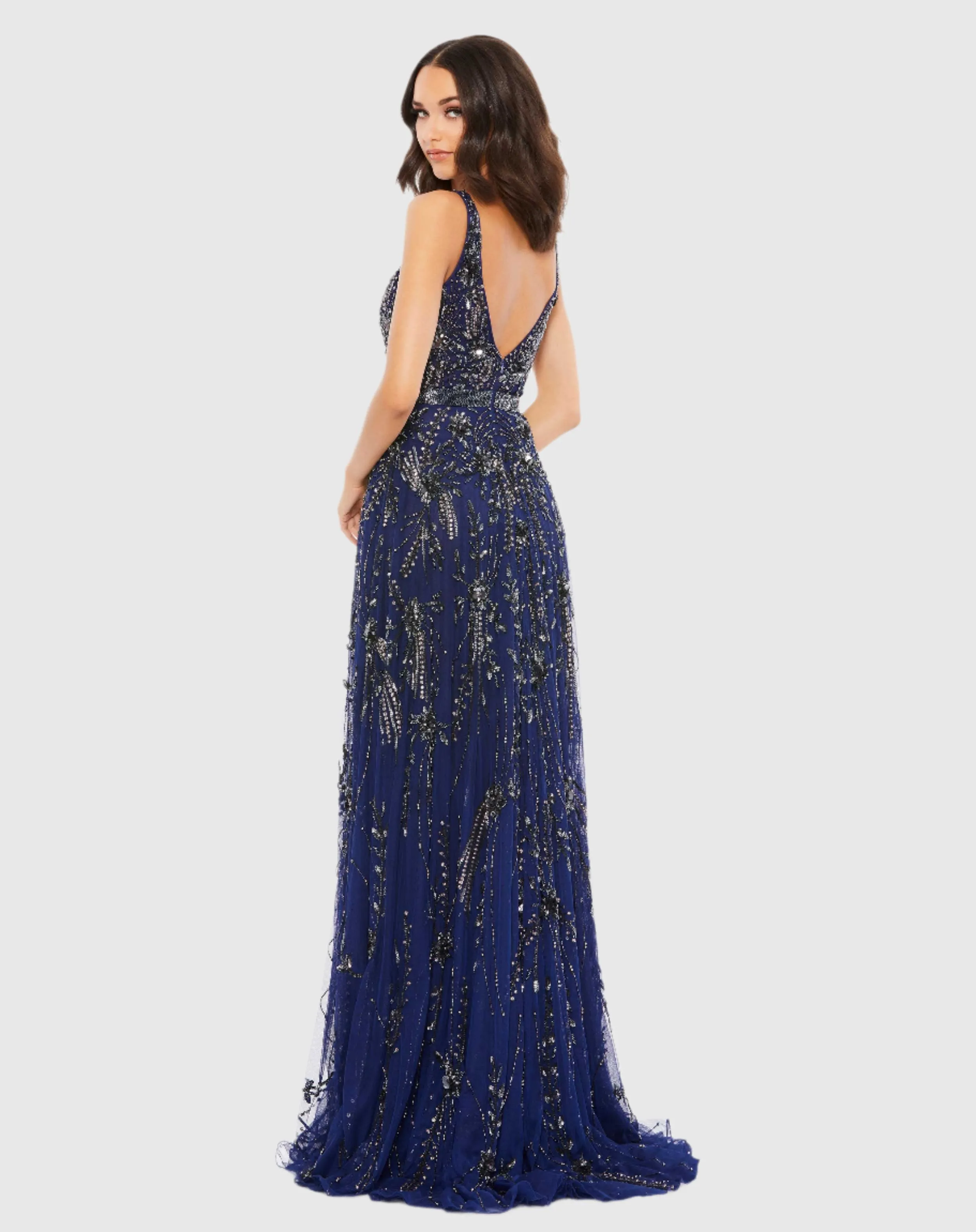 Navy Sleeveless V-Neck Embellished Tulle Gown sold by Mac Duggal product image thumbnail 3