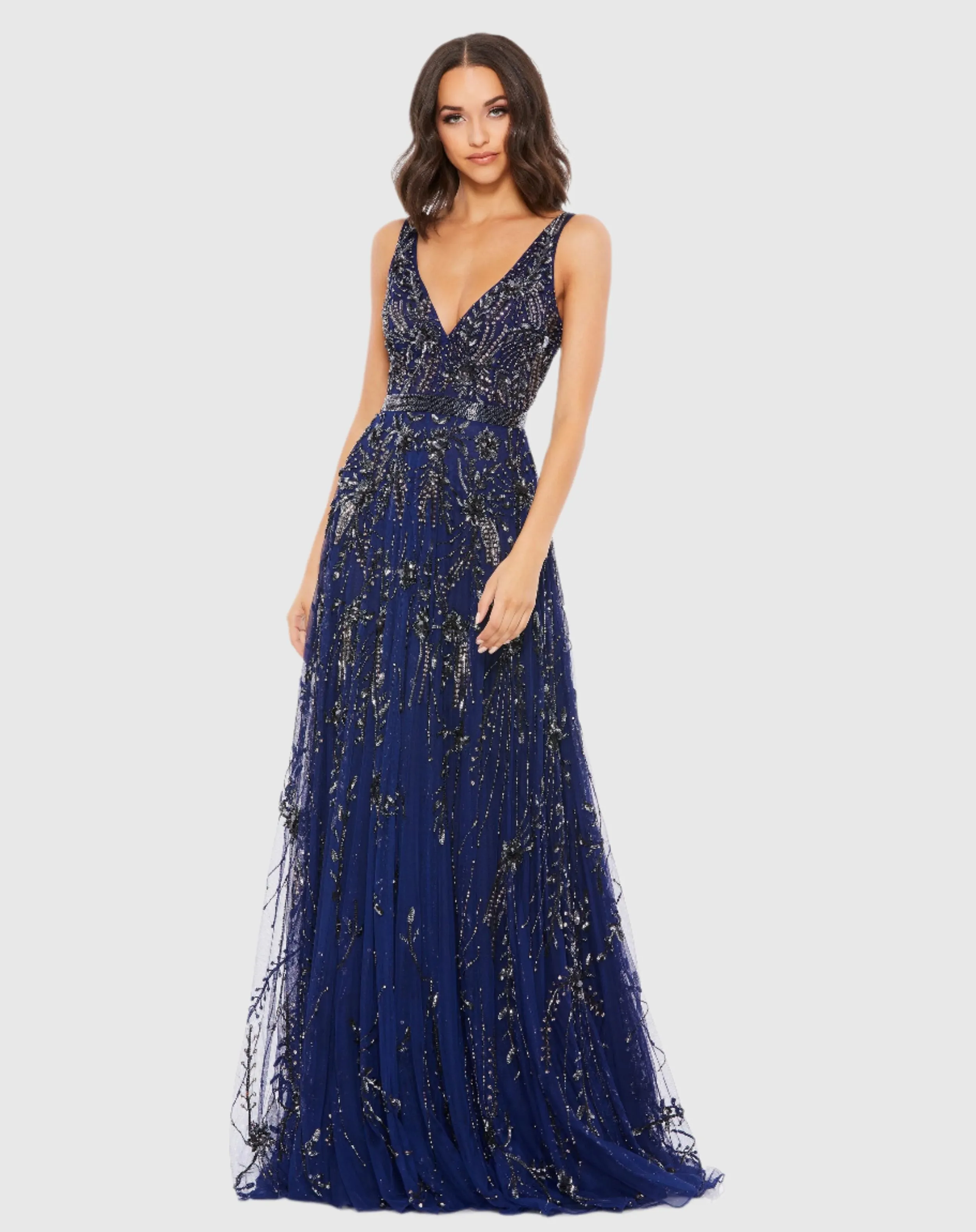 Navy Sleeveless V-Neck Embellished Tulle Gown sold by Mac Duggal