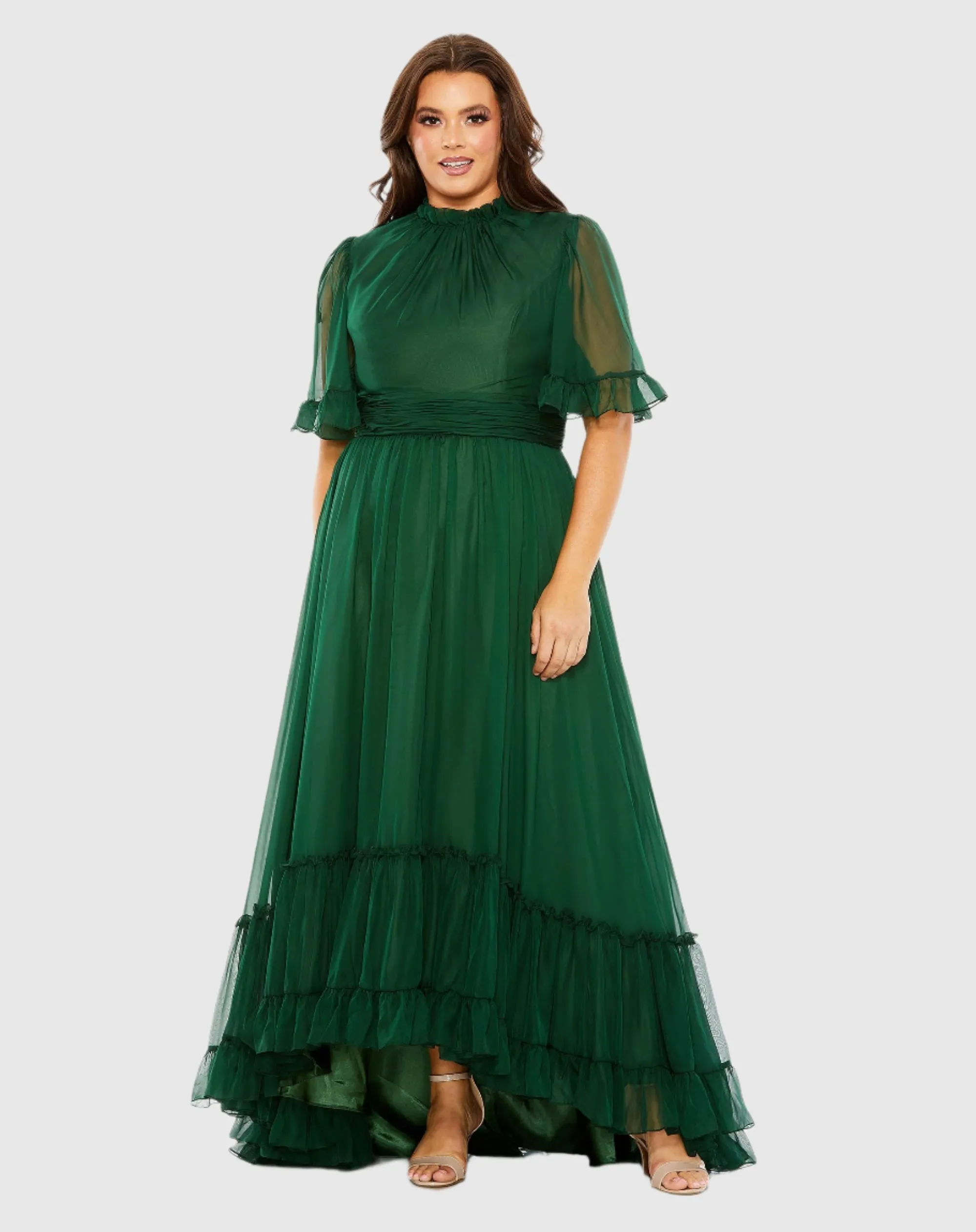 Green Ruffle Tiered High Low Flutter Sleeve Gown (Plus) sold by Mac Duggal
