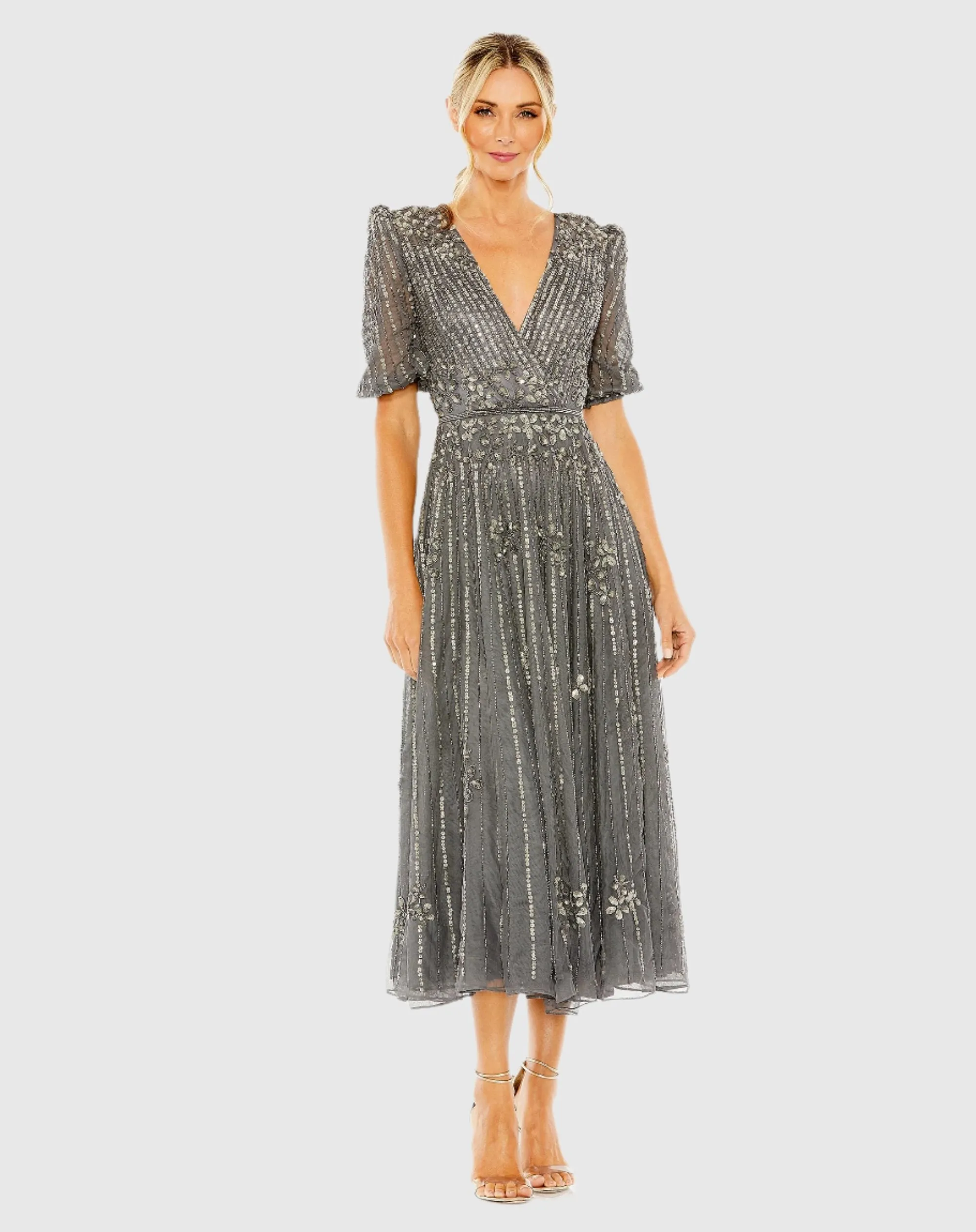 Puff Quarter Length Sleeve V-Neck Dress sold by Mac Duggal