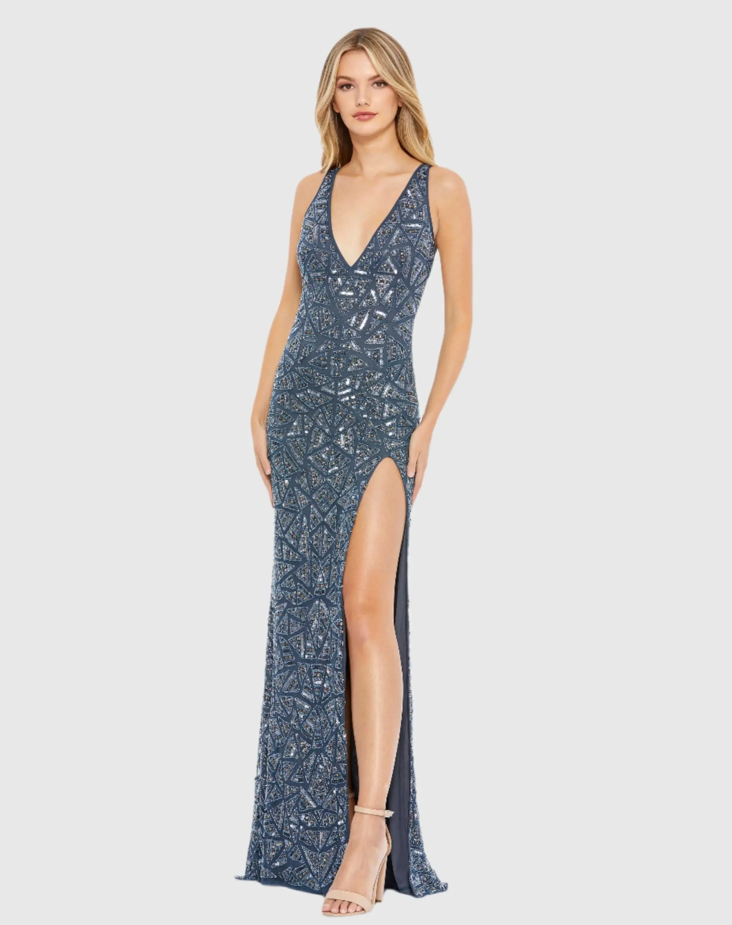 Blue Sleeveless V Neck Embellished Gown sold by Mac Duggal