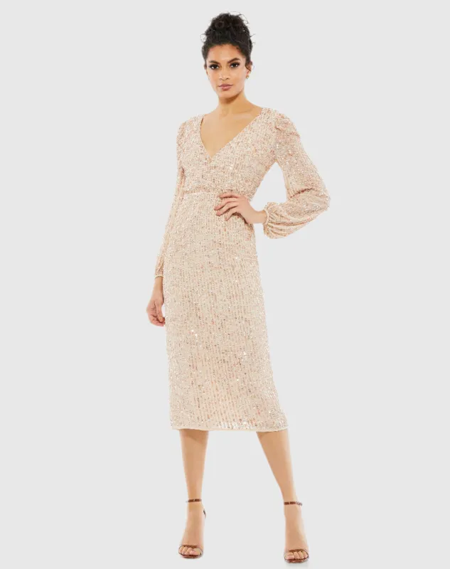 Beige Sequined Illusion Puff Sleeve V Neck Midi Dress sold by Mac Duggal