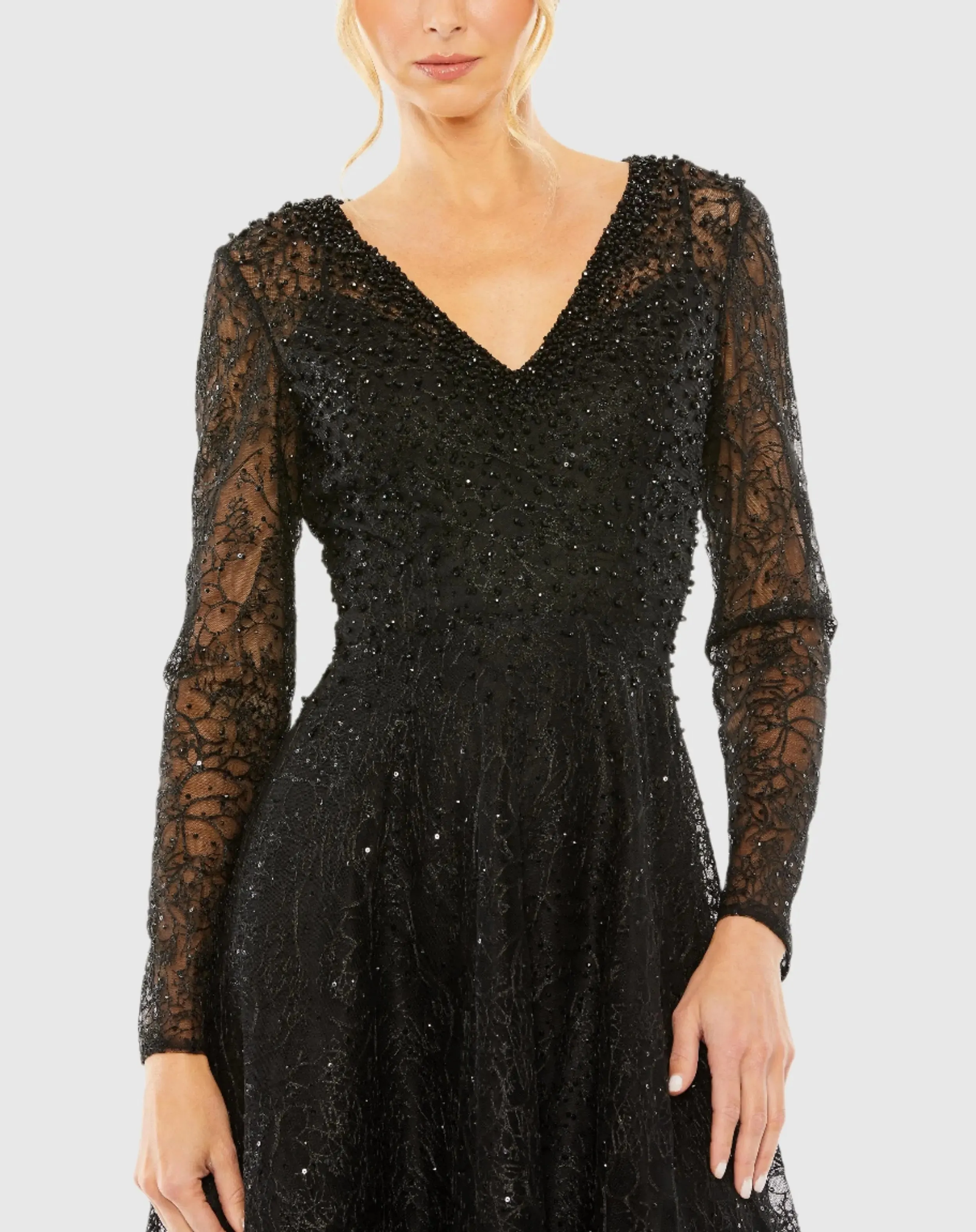 Black Crystal Embellished Long Sleeve V Neck Gown sold by Mac Duggal product image thumbnail 2