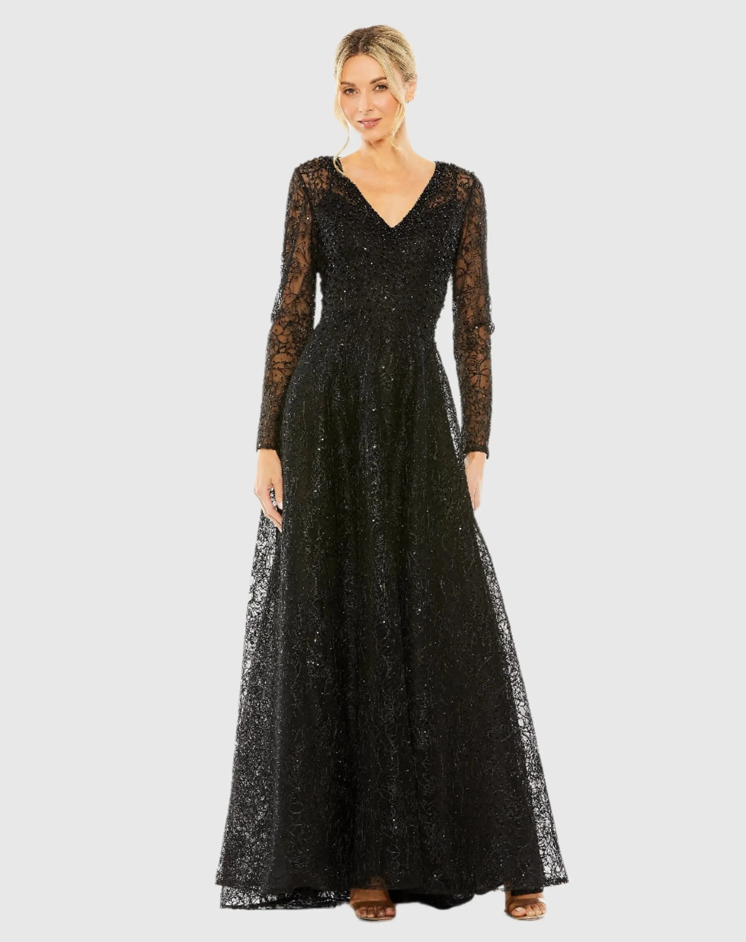 Black Crystal Embellished Long Sleeve V Neck Gown sold by Mac Duggal