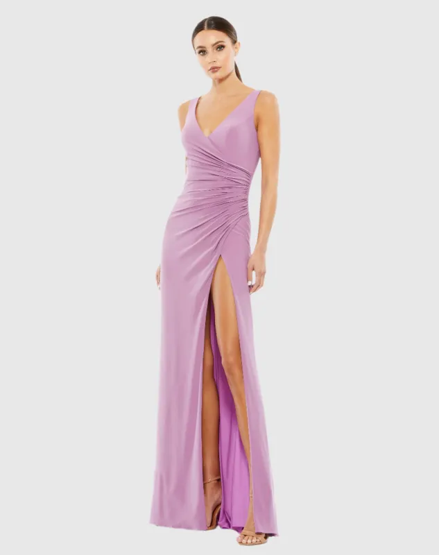 Faux Wrap Sleeveless V Neck Gown sold by Mac Duggal
