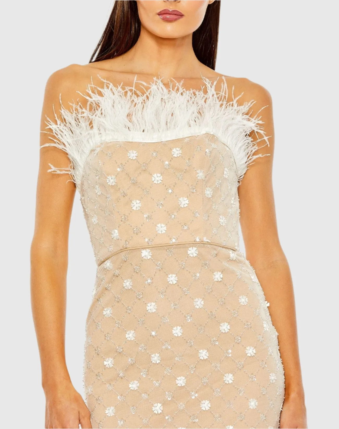 Beige Embellished Feather Strapless Column Dress sold by Mac Duggal product image thumbnail 2