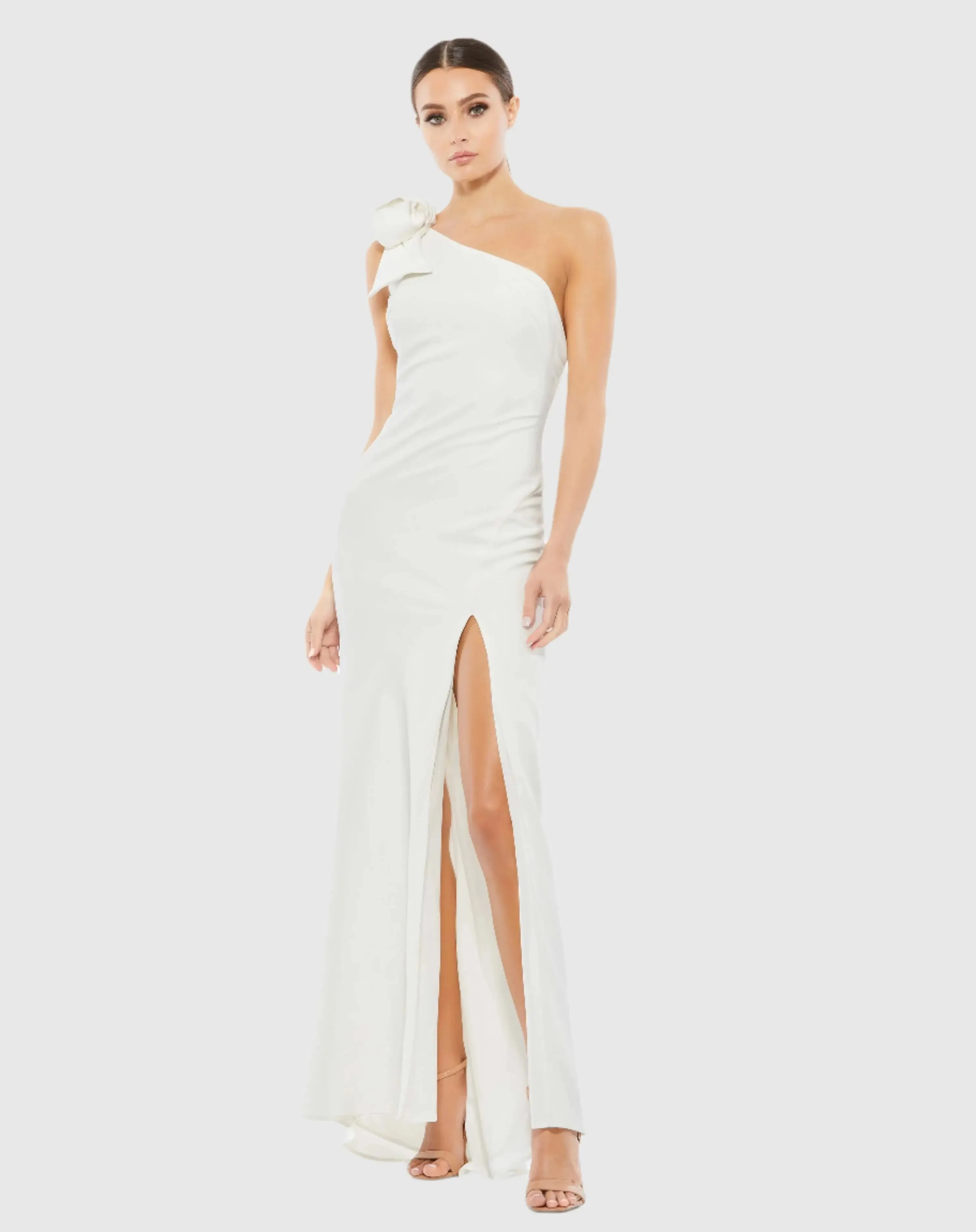 Crepe One Shoulder Bow Gown sold by Mac Duggal
