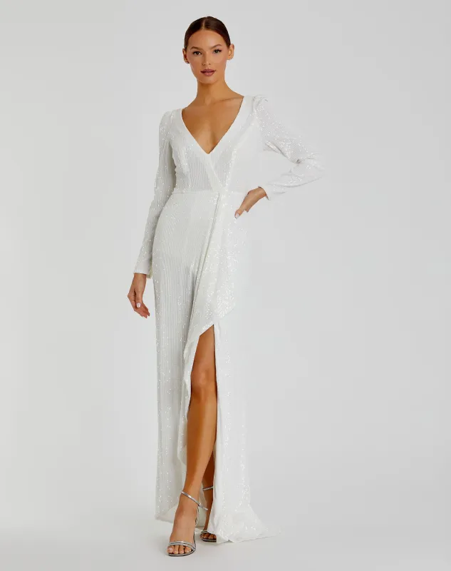 Faux Wrap Long Sleeve Sequin Gown sold by Mac Duggal