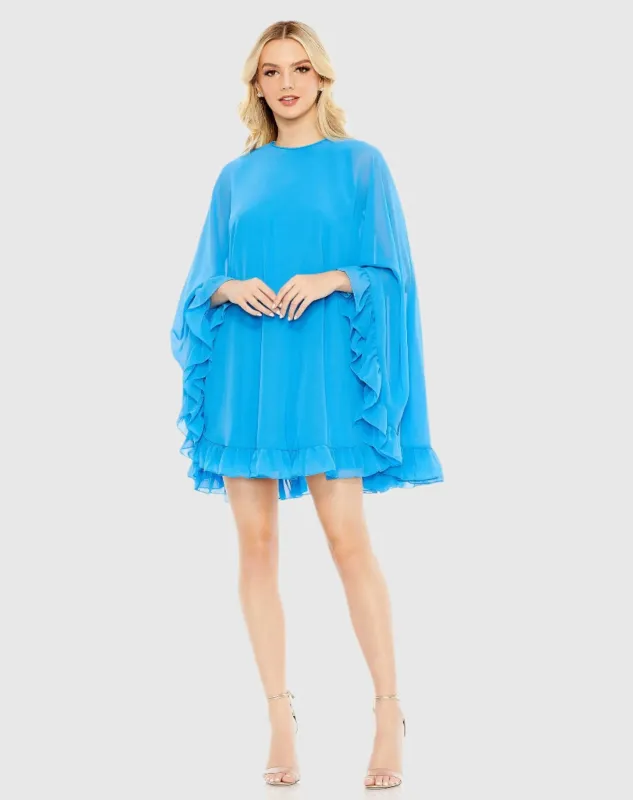 Blue High Neck Ruffle Hem Cape Mini Dress sold by Mac Duggal
