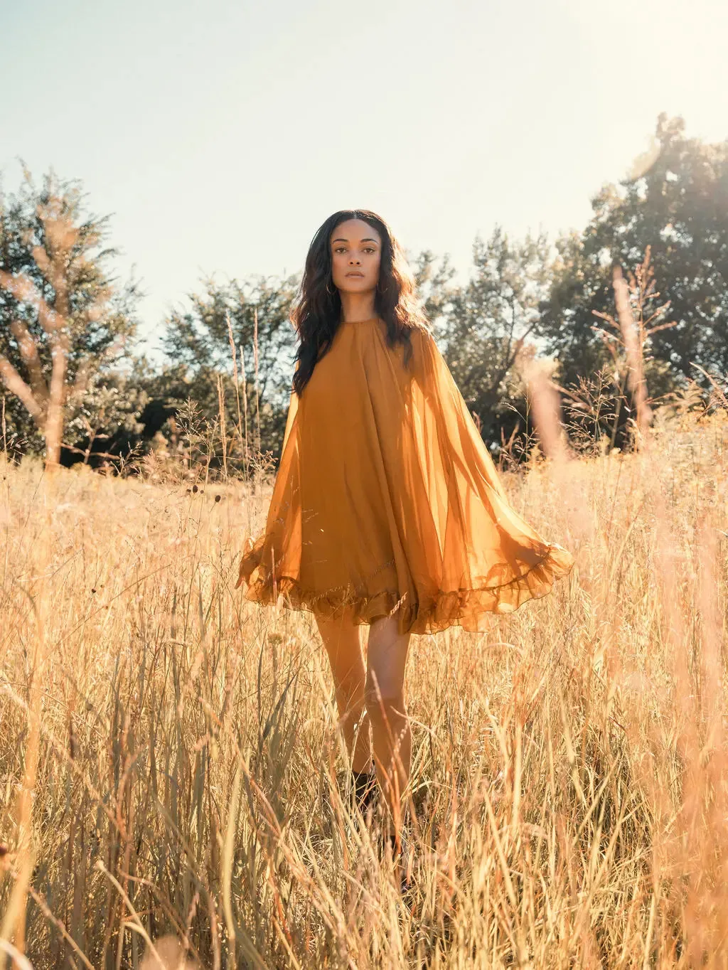 Dark Yellow High Neck Ruffle Hem Cape Mini Dress sold by Mac Duggal product image thumbnail 5