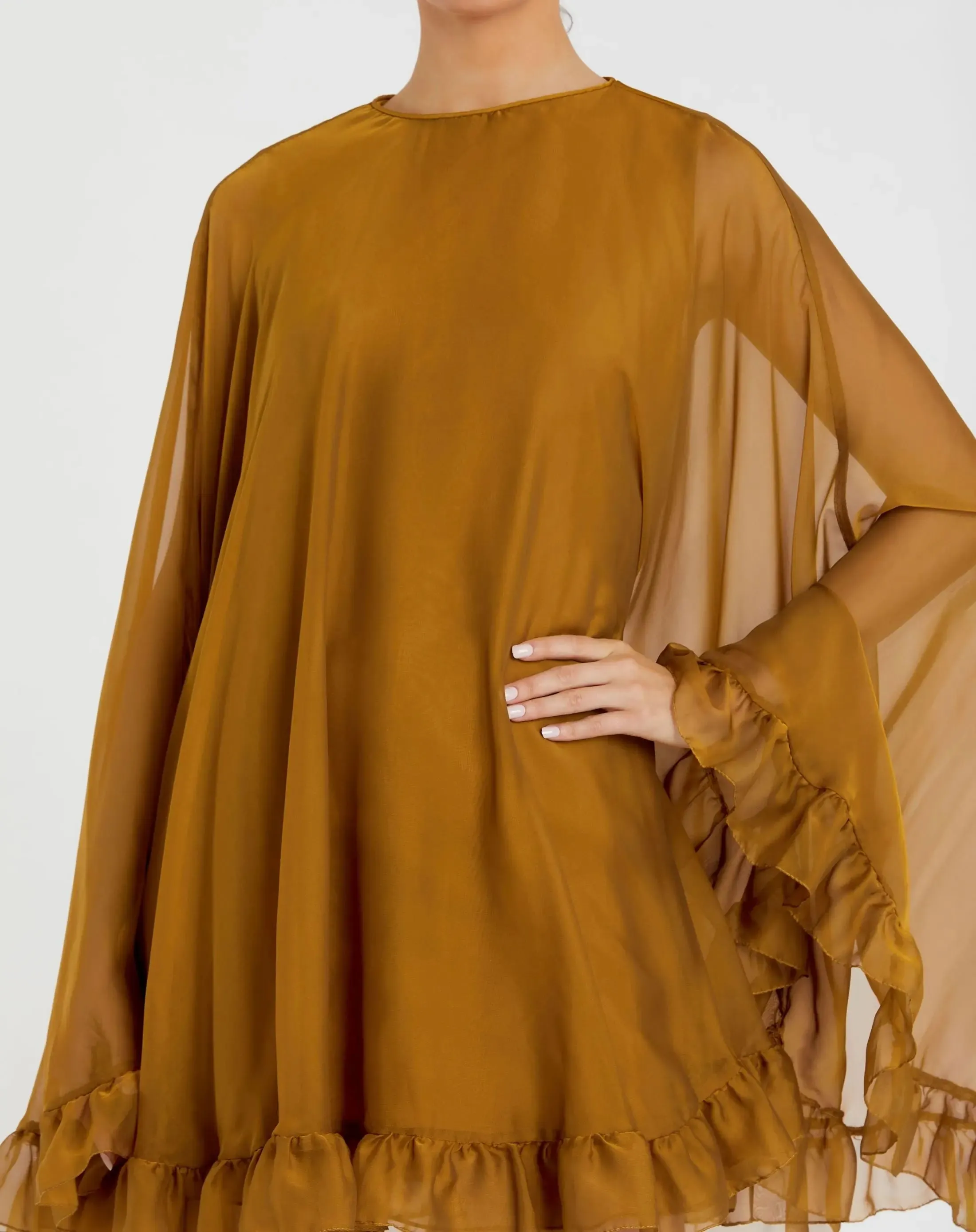 Dark Yellow High Neck Ruffle Hem Cape Mini Dress sold by Mac Duggal product image thumbnail 2