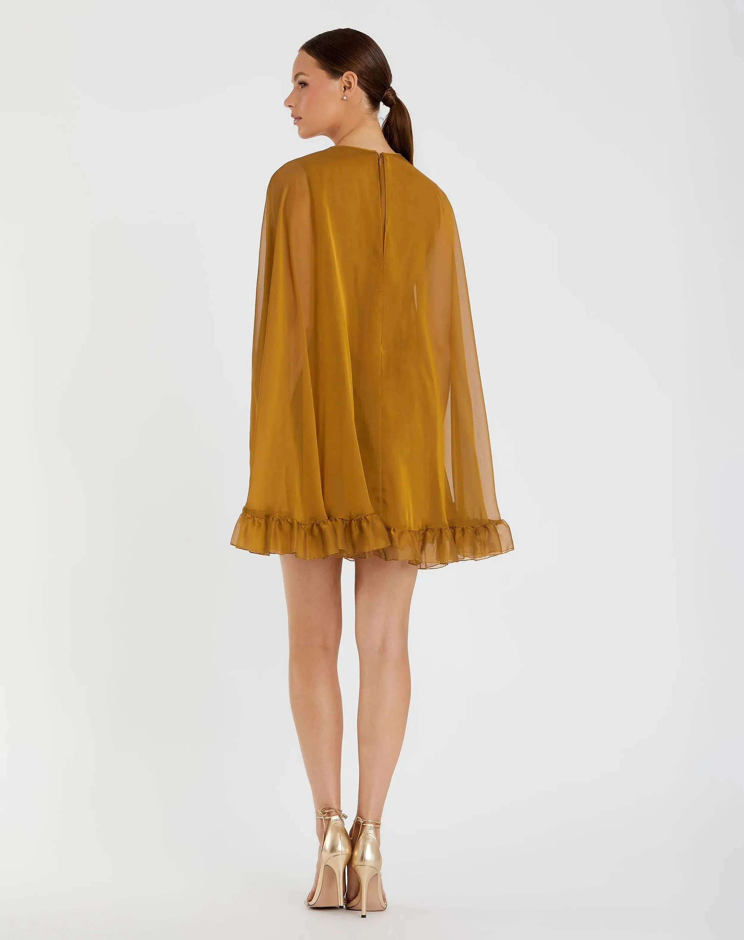 Dark Yellow High Neck Ruffle Hem Cape Mini Dress sold by Mac Duggal product image thumbnail 3