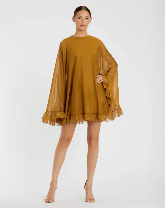 Dark Yellow High Neck Ruffle Hem Cape Mini Dress sold by Mac Duggal