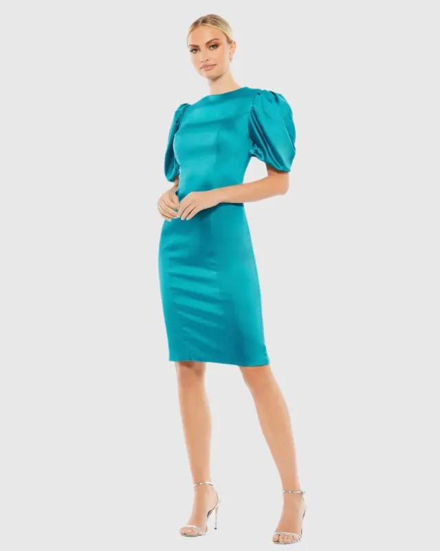 Blue Satin Puff Sleeve Fitted Mini Dress sold by Mac Duggal