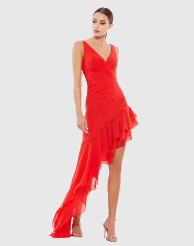 Red Asymmetrical Ruffled V-Neck Chiffon Dress sold by Mac Duggal