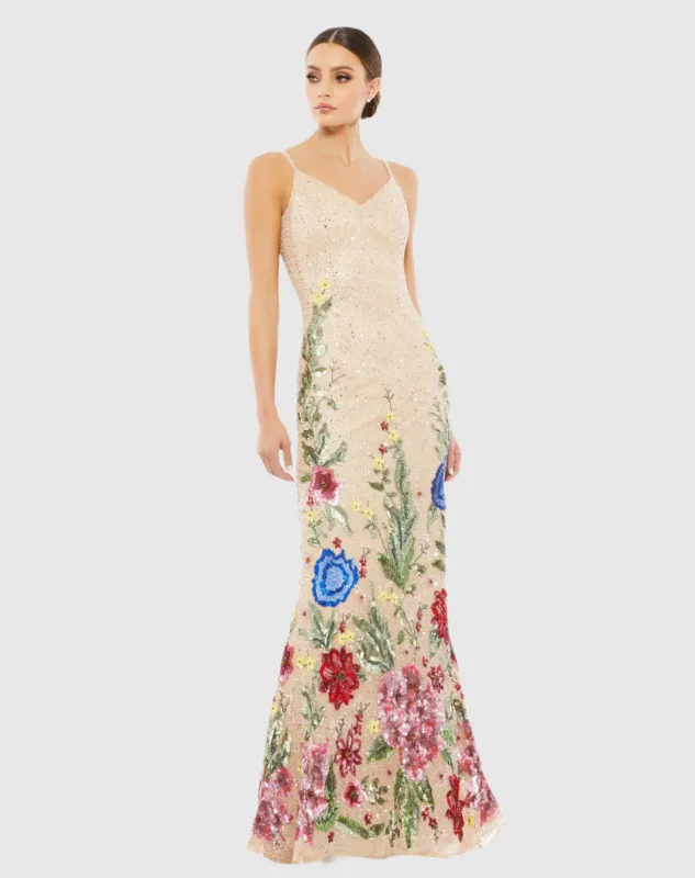 Beige Floral Embellished Spaghetti Strap Gown sold by Mac Duggal