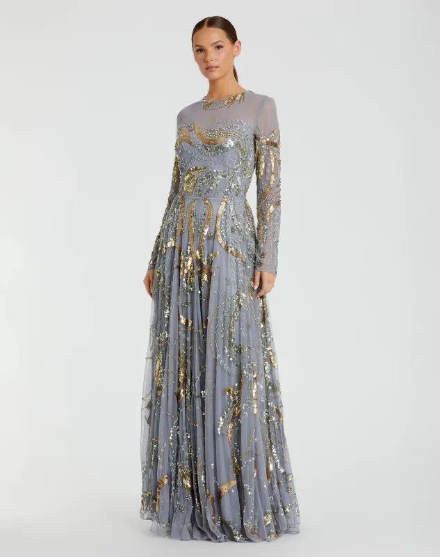 Blue and Gold Long Sleeve Embellished Illusion Evening Gown sold by Mac Duggal