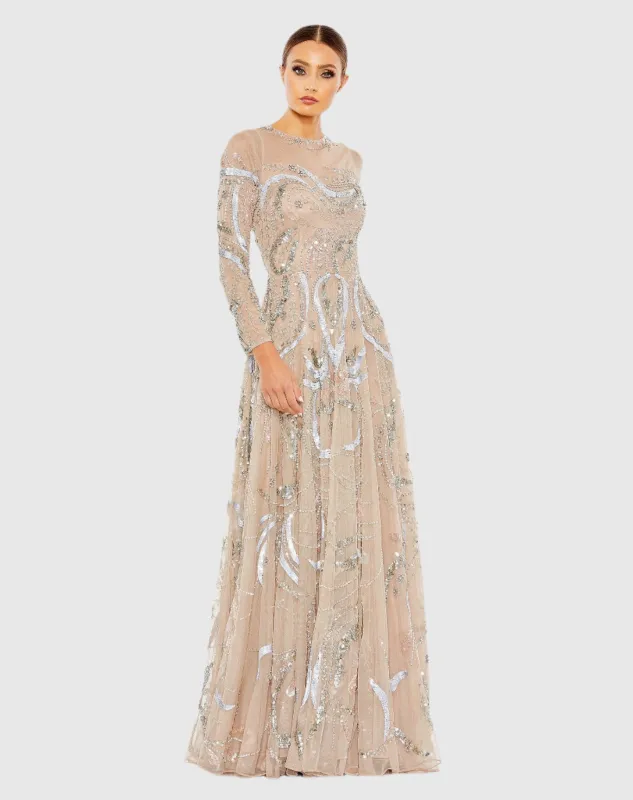 Beige Long Sleeve Embellished Illusion Evening Gown sold by Mac Duggal