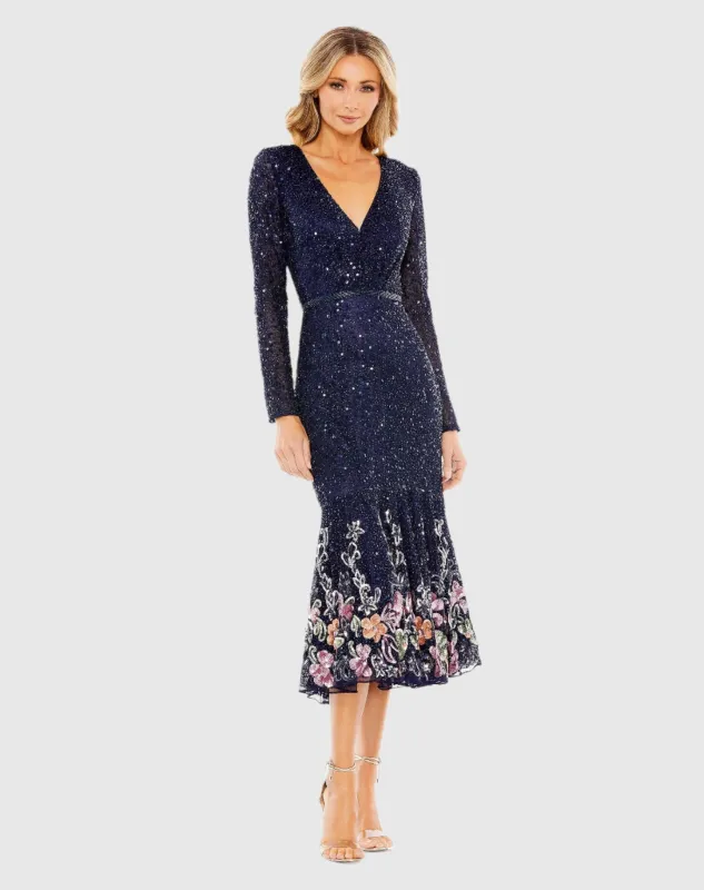 Navy Long Sleeve Faux Wrap Embellished Tea Length Dress sold by Mac Duggal