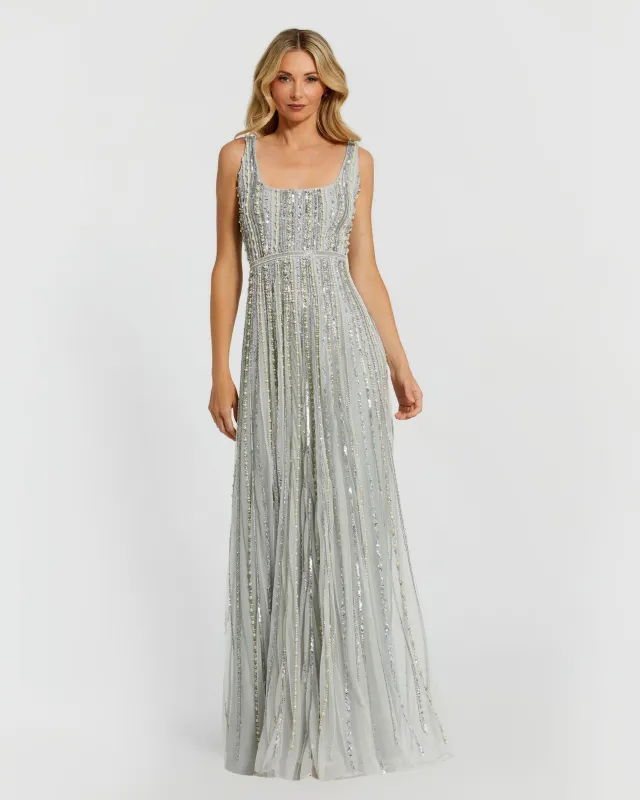 Green Scoop Neck A-Line Gown With Striped Beading sold by Mac Duggal