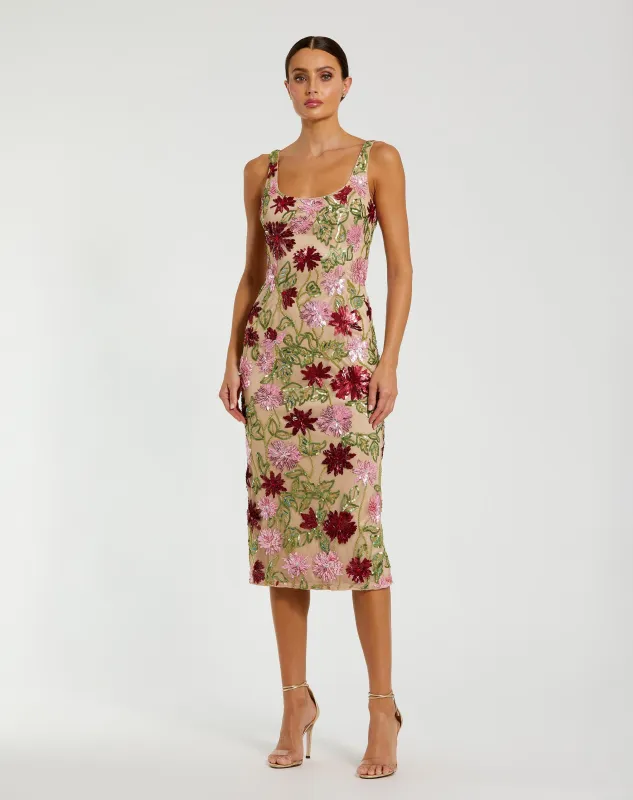 Beige Floral Beaded Scoop Neck Midi Dress sold by Mac Duggal