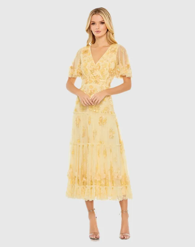 Yellow Floral Embellished Flutter Sleeve Tiered Dress sold by Mac Duggal