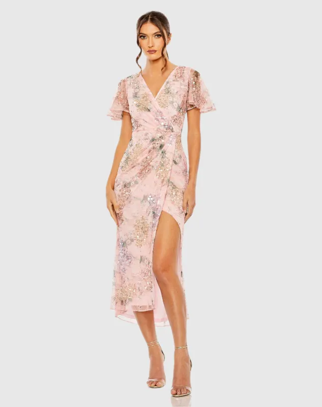 Pink Printed Mesh Flutter Sleeve Faux Wrap Midi Dress sold by Mac Duggal
