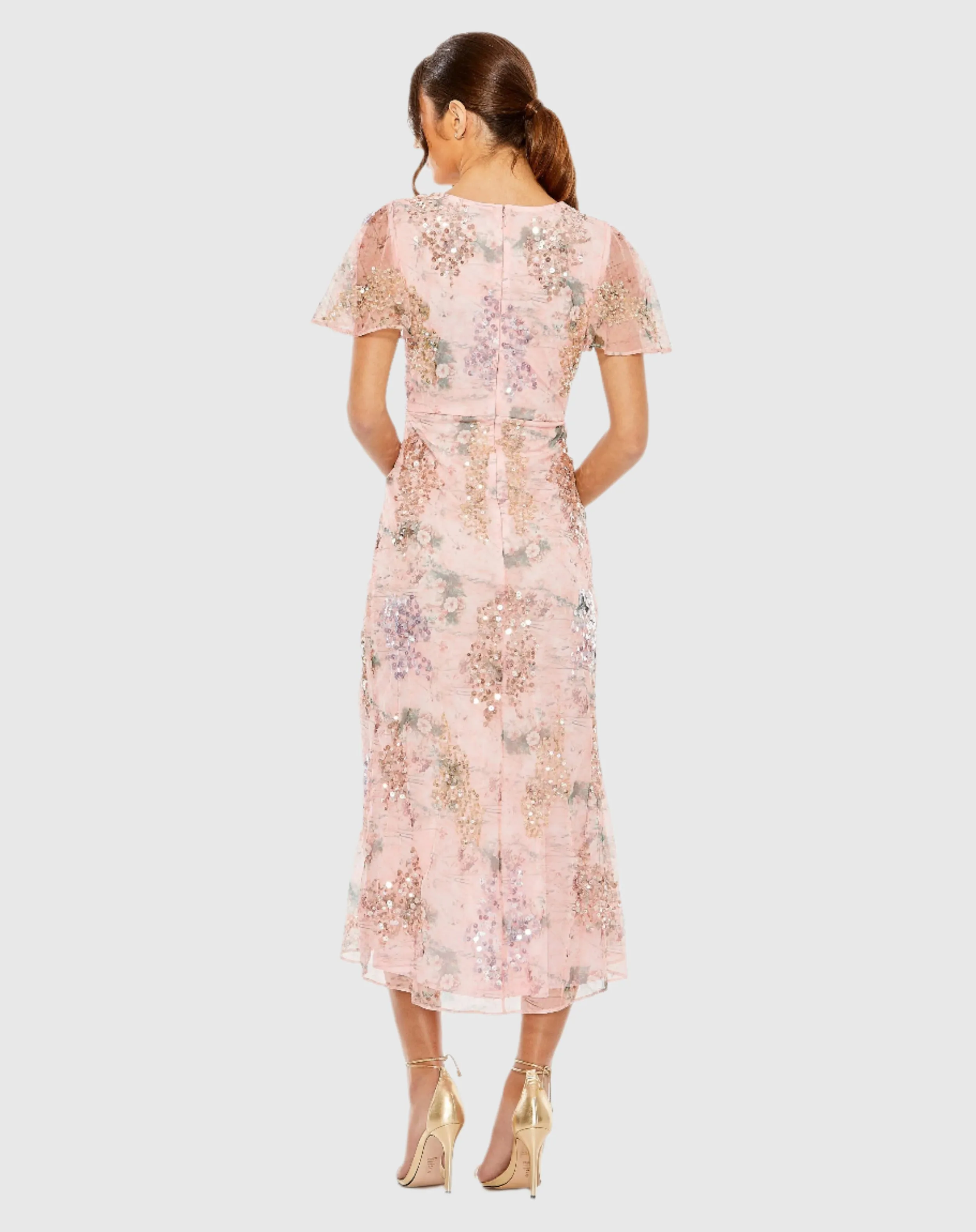 Pink Embellished Floral Flutter Sleeve Midi Dress sold by Mac Duggal product image thumbnail 3